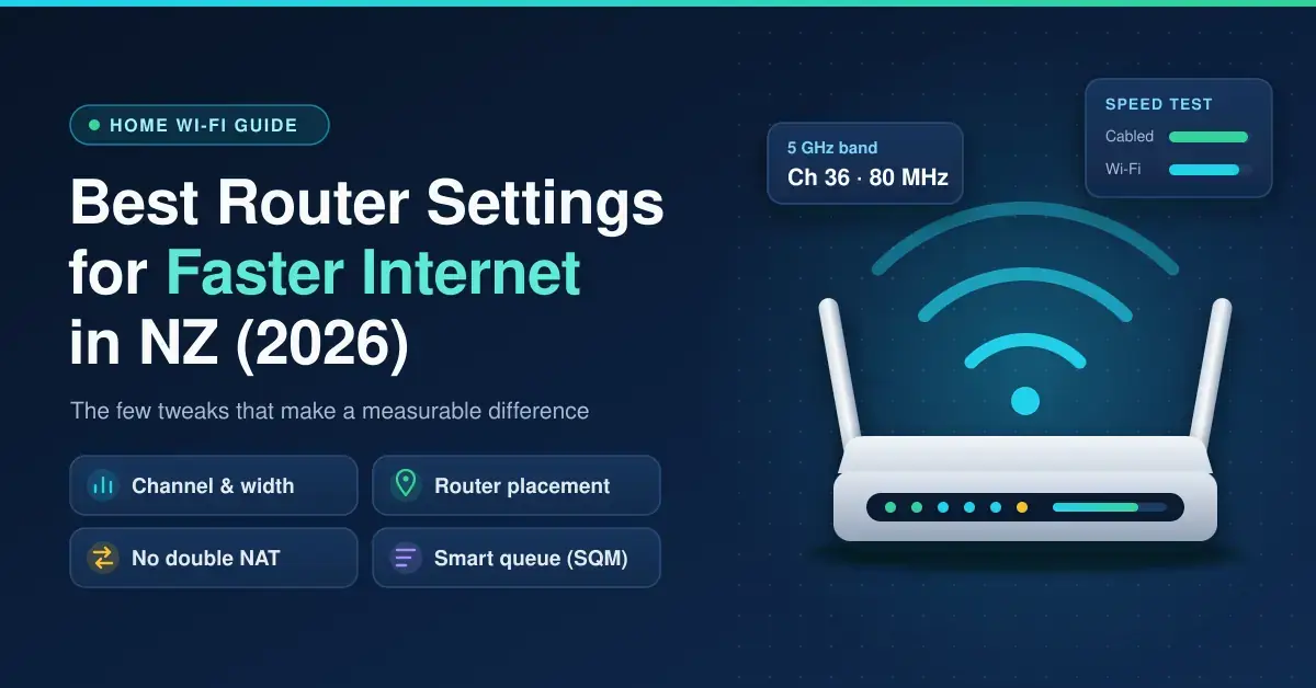 Illustration of a white home Wi-Fi router sending out signal waves, beside the title "Best Router Settings for Faster Internet in NZ (2026)" and four key settings: channel and width, router placement, no double NAT, and smart queue (SQM).