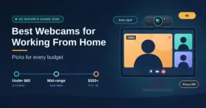 Illustration of a webcam clipped to a computer monitor showing a video call, next to the headline "Best Webcams for Working From Home" and a budget scale from under $60 to $500+.