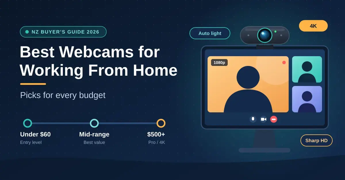Illustration of a webcam clipped to a computer monitor showing a video call, next to the headline "Best Webcams for Working From Home" and a budget scale from under $60 to $500+.