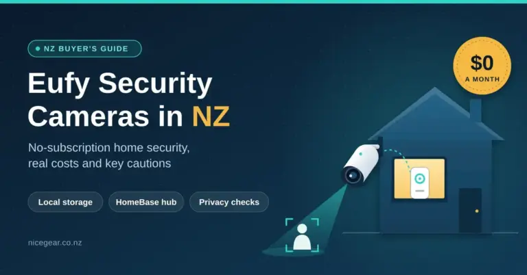 Illustration of a white wireless security camera on a house wall detecting a person in the front yard, with footage sent to a home hub in the window and a "$0 a month" badge beside the headline "Eufy Security Cameras in NZ".