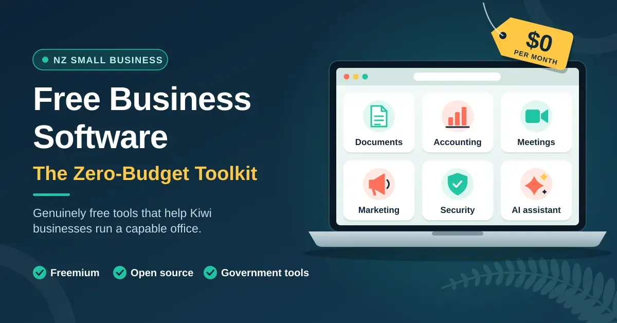 Illustration of a laptop showing free app tiles for documents, accounting, meetings, marketing, security and an AI assistant, with a "$0 per month" price tag beside the headline "Free Business Software: The Zero-Budget Toolkit" for New Zealand small businesses.
