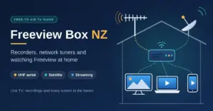 Illustration of a house with a rooftop UHF aerial and satellite dish feeding a network tuner that shares Freeview live TV with a television, laptop and phone, beside the title "Freeview Box NZ".