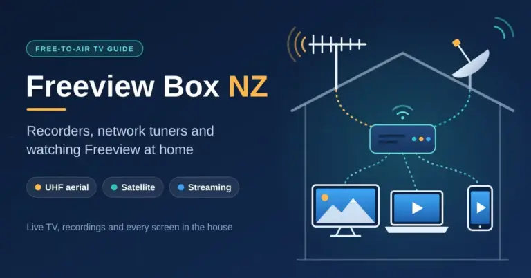 Illustration of a house with a rooftop UHF aerial and satellite dish feeding a network tuner that shares Freeview live TV with a television, laptop and phone, beside the title "Freeview Box NZ".