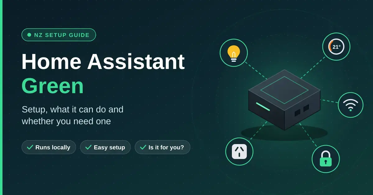 Illustration of a compact Home Assistant Green hub connected to smart home icons, including a light bulb, thermostat, Wi-Fi signal, padlock and New Zealand power socket, beside the title "Home Assistant Green: setup, what it can do and whether you need one".