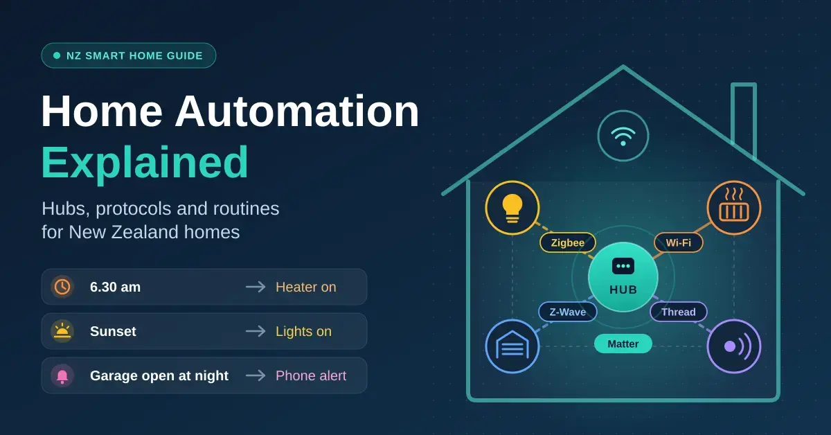 Illustration of a home with a central smart home hub connected to a light bulb, heater, garage door and motion sensor over Zigbee, Wi-Fi, Z-Wave and Thread, beside the title "Home Automation Explained" and example routines such as a heater turning on at 6.30 am.