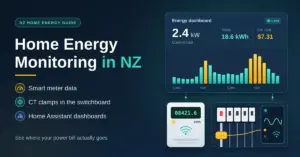 Illustration of a home energy dashboard showing live power use and an hourly usage chart, above a smart meter and a switchboard with a CT clamp on the main cable, next to the title "Home Energy Monitoring in NZ".