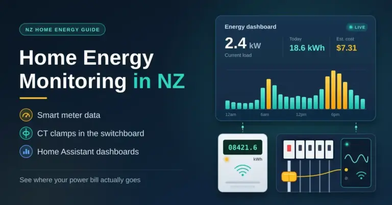 Illustration of a home energy dashboard showing live power use and an hourly usage chart, above a smart meter and a switchboard with a CT clamp on the main cable, next to the title "Home Energy Monitoring in NZ".