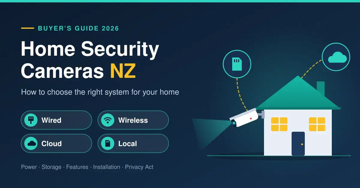 Illustration of a house with a wall-mounted security camera linked to microSD and cloud storage icons, beside the title "Home Security Cameras NZ" and option buttons for wired, wireless, cloud and local systems.