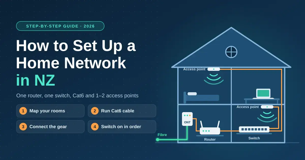 Illustration of a two-storey house cutaway showing a fibre line entering an ONT, which connects to a router, a network switch and two ceiling-mounted Wi-Fi access points via orange Cat6 cables, beside the title "How to Set Up a Home Network in NZ".