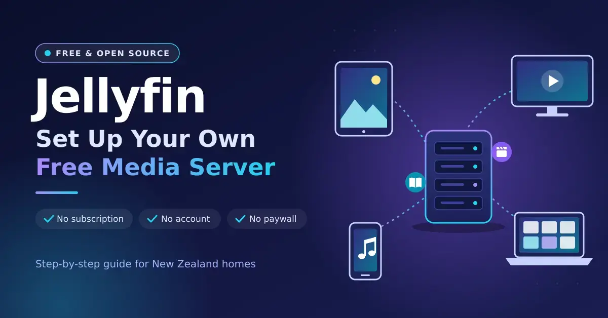 Illustration of a home media server streaming films, music and photos to a TV, laptop, tablet and phone, next to the heading "Jellyfin: Set Up Your Own Free Media Server".