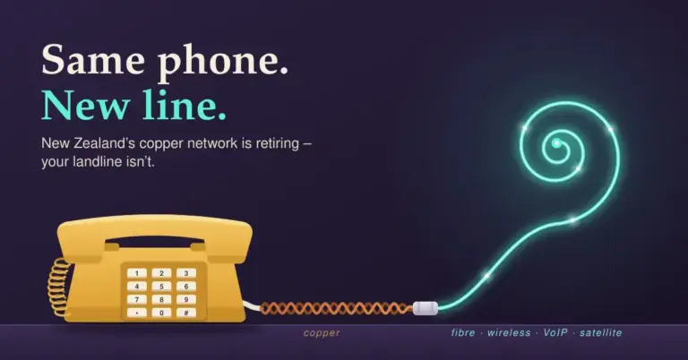 Illustration of a retro mustard push-button home phone whose twisted copper line cord turns into a glowing aqua fibre strand that curls into a koru, with the words "Same phone. New line." and a note that New Zealand's copper network is retiring but the landline isn't.