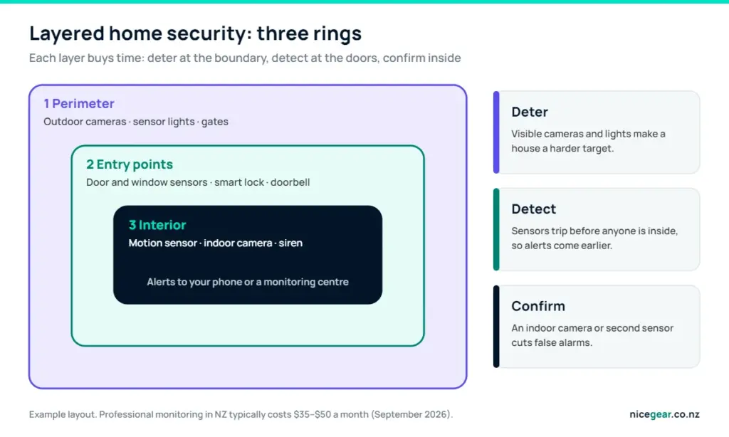 Smart home security systems NZ diagram: perimeter cameras, entry point sensors and interior motion sensors as three layers