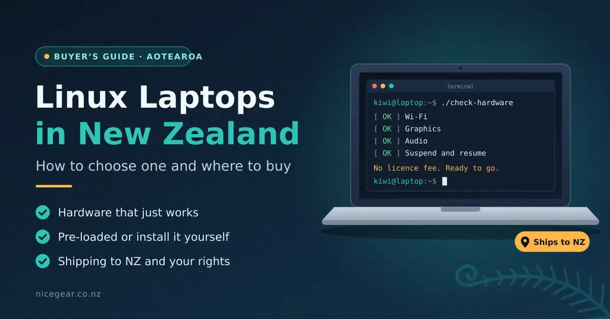 Illustration of an open laptop showing a terminal where Wi-Fi, graphics, audio and suspend checks all pass, beside the heading “Linux Laptops in New Zealand: How to choose one and where to buy” and a “Ships to NZ” badge.