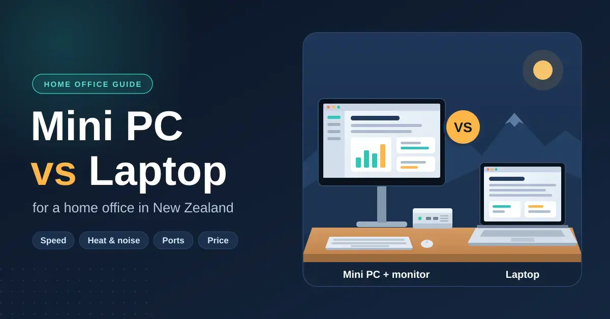 Illustration of a mini PC with a monitor, keyboard and mouse beside a laptop on a wooden desk with mountains behind, headed "Mini PC vs Laptop for a home office in New Zealand".