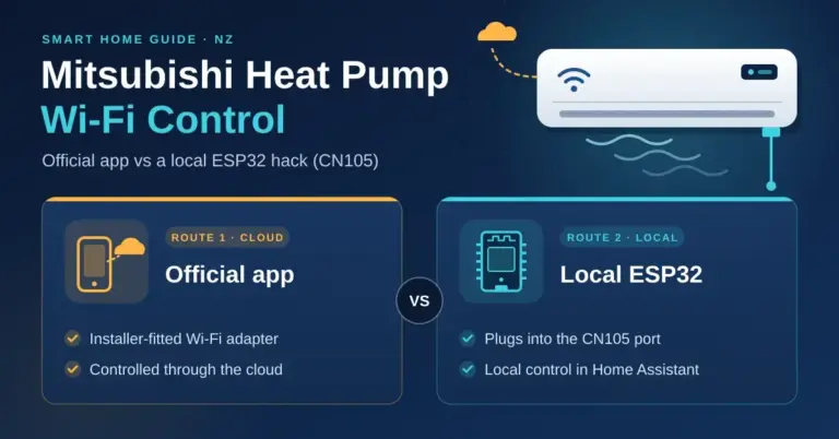 Illustration comparing two ways to control a Mitsubishi heat pump over Wi-Fi: the official cloud-based app with an installer-fitted adapter, versus a local ESP32 board plugged into the indoor unit's CN105 port for Home Assistant.
