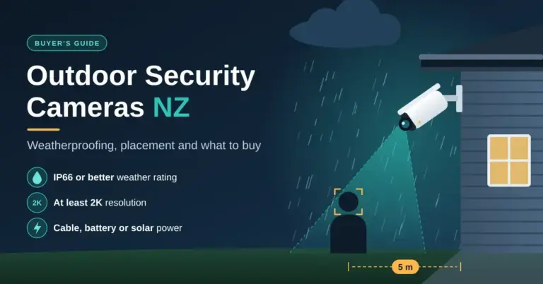 Illustration of a weatherproof outdoor security camera mounted under the eaves of a weatherboard house in the rain, its field of view framing a visitor's face about five metres away, beside the title Outdoor Security Cameras NZ and key buying tips: IP66 or better, at least 2K resolution, and cable, battery or solar power.