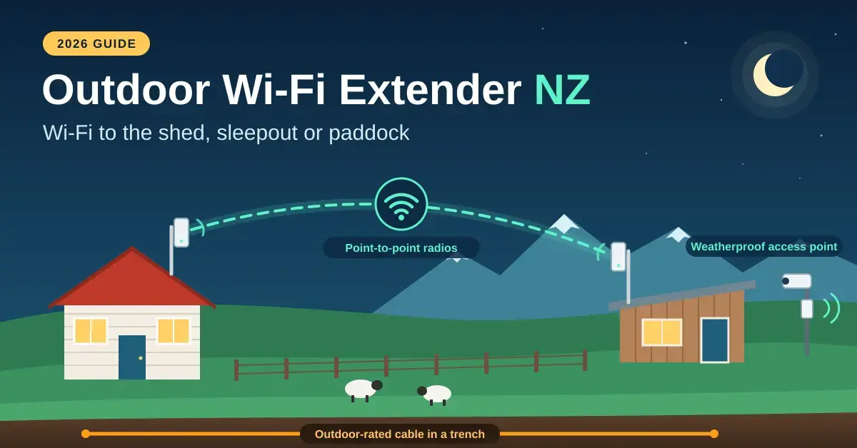 Illustration of a New Zealand house with a red iron roof linked by point-to-point Wi-Fi radios to a timber sleepout across a paddock with sheep, with an outdoor-rated cable buried in a trench and a weatherproof access point on a camera pole, under the heading Outdoor Wi-Fi Extender NZ.