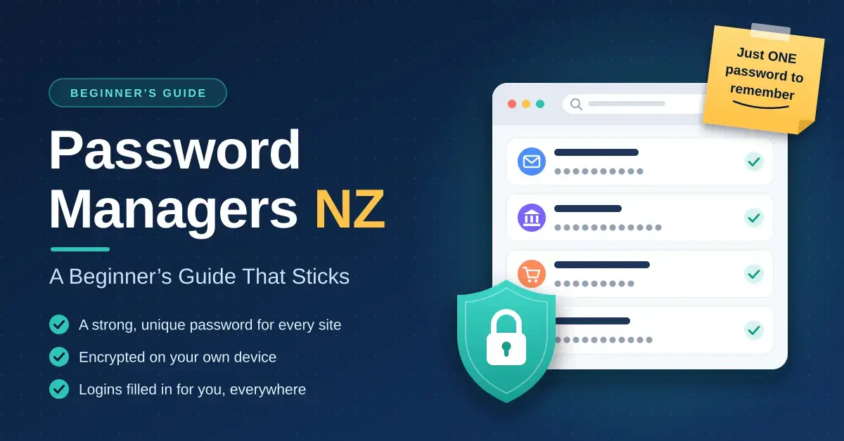 Illustration of a password manager app listing logins protected by a teal padlock shield, with a sticky note reading “Just ONE password to remember” beside the title “Password Managers NZ: A Beginner’s Guide That Sticks”.