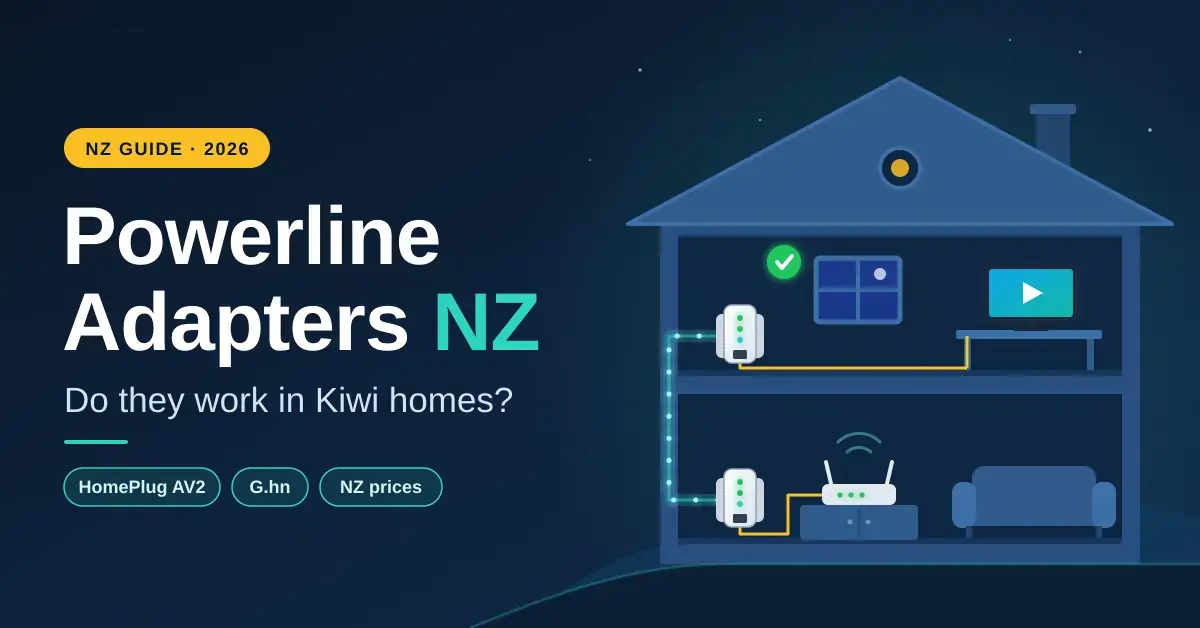 Illustration of a two-storey house cut away to show a powerline adapter in each room linked through the in-wall wiring, bringing a wired connection from the router downstairs to a screen upstairs.