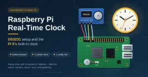 Illustration of a DS3231 real-time clock module connected by four jumper wires to a green Raspberry Pi–style board with an on-board RTC backup cell, next to an analogue clock, with the heading “Raspberry Pi Real-Time Clock”.