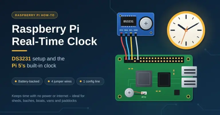 Illustration of a DS3231 real-time clock module connected by four jumper wires to a green Raspberry Pi–style board with an on-board RTC backup cell, next to an analogue clock, with the heading “Raspberry Pi Real-Time Clock”.