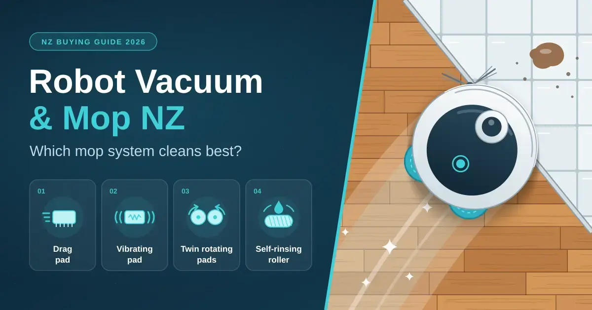 Illustration of a robot vacuum and mop leaving a clean, wet trail across a timber floor towards a coffee spill on tiles, next to the heading "Robot Vacuum & Mop NZ: Which mop system cleans best?" and icons for the four mop types: drag pad, vibrating pad, twin rotating pads and self-rinsing roller.