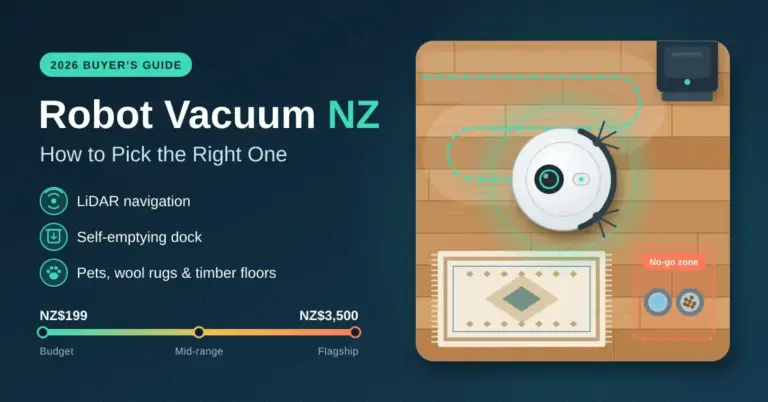 Illustration of a robot vacuum using LiDAR navigation to clean a timber floor in tidy rows next to a wool rug, a self-emptying dock and a no-go zone around pet bowls, beside the title "Robot Vacuum NZ: How to Pick the Right One" and a price scale from NZ$199 to NZ$3,500.