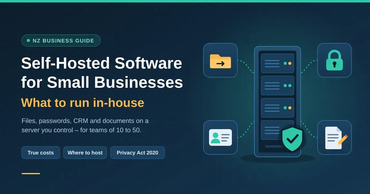 Illustration of an in-house server rack with a security shield, linked to icons for file sharing, passwords, a CRM contact card and document editing, next to the headline "Self-Hosted Software for Small Businesses: What to run in-house".
