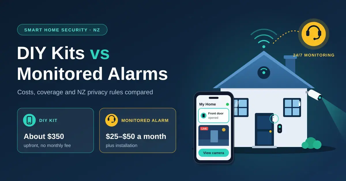 Illustration of a smart home with a door sensor, video doorbell and security camera, a phone showing a "Front door opened" alert and a 24/7 monitoring badge, beside the title "DIY Kits vs Monitored Alarms" comparing a DIY kit at about $350 upfront with a monitored alarm at $25–$50 a month.
