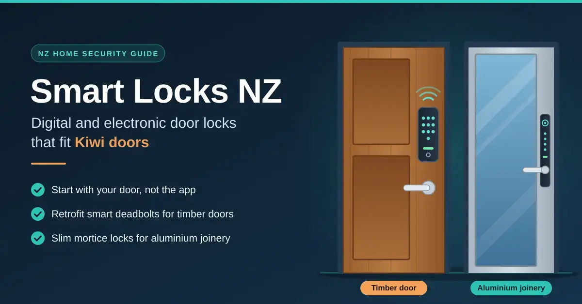 Illustration of a timber door with a keypad smart deadbolt beside an aluminium-framed glass door with a slim smart mortice lock, next to the heading "Smart Locks NZ: digital and electronic door locks that fit Kiwi doors".
