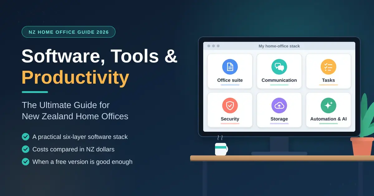 Illustrated home-office desk with a monitor showing six software tiles – office suite, communication, tasks, security, storage, and automation and AI – beside the title "Software, Tools & Productivity: The Ultimate Guide for New Zealand Home Offices".
