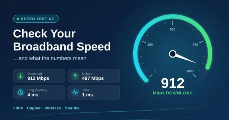 Illustration of a broadband speed test gauge reading 912 Mbps download, next to the heading "Check Your Broadband Speed" and result cards for download, upload, ping (latency) and jitter, with fibre, copper, wireless and Starlink listed below.
