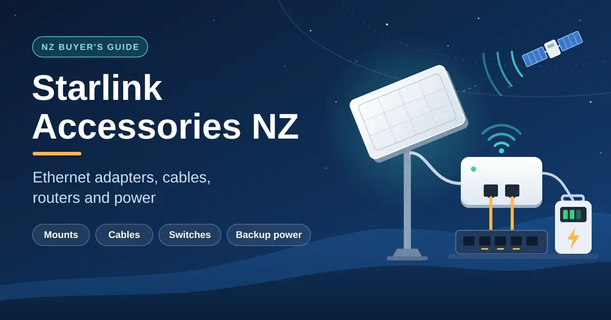 Vector-style illustration of a satellite dish on a pole mount receiving a signal from a satellite, cabled to a Wi-Fi router, a network switch and a backup battery, next to the title Starlink Accessories NZ.