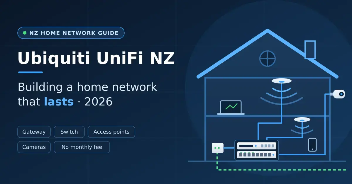 Illustration of a two-storey house with a UniFi-style home network: a gateway and switch in a small cabinet, ceiling-mounted Wi-Fi access points on each floor, and a security camera, all linked by Ethernet cabling to incoming fibre, beside the title “Ubiquiti UniFi NZ: Building a home network that lasts, 2026”.