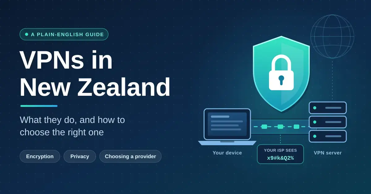 Illustration of a laptop connected to a VPN server through an encrypted tunnel beneath a padlock shield, with a panel showing your ISP sees only scrambled data, next to the title VPNs in New Zealand: what they do, and how to choose the right one.