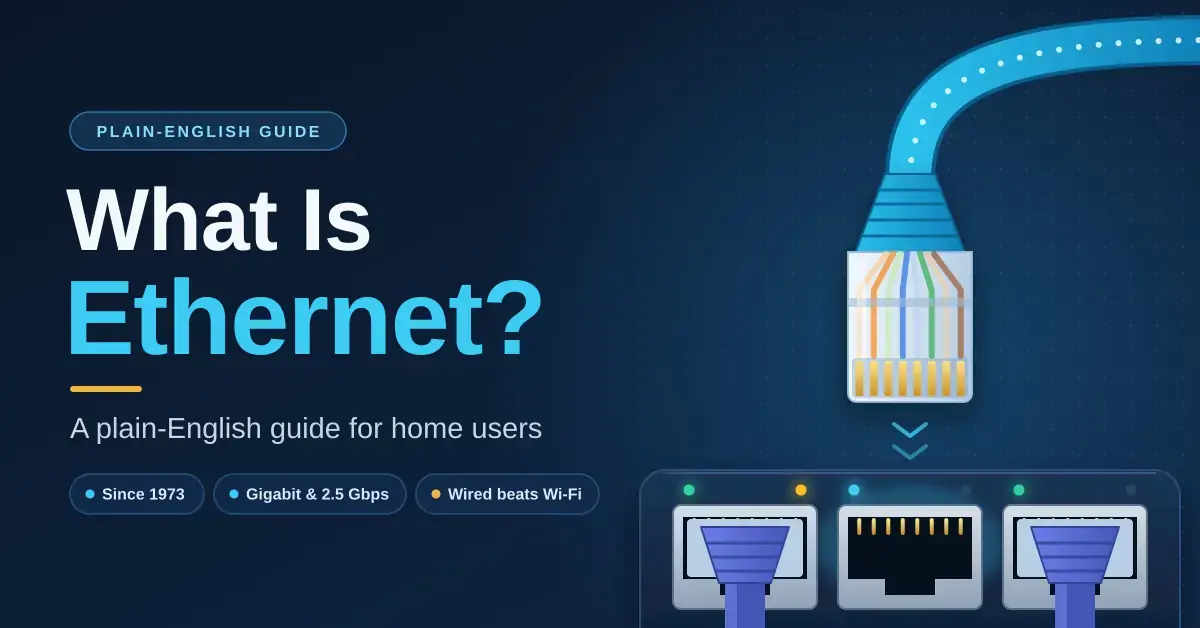 Illustration of a blue Ethernet cable with a clear RJ45 plug, showing its coloured wires and gold contacts, about to plug into a router port beside the title “What Is Ethernet?”